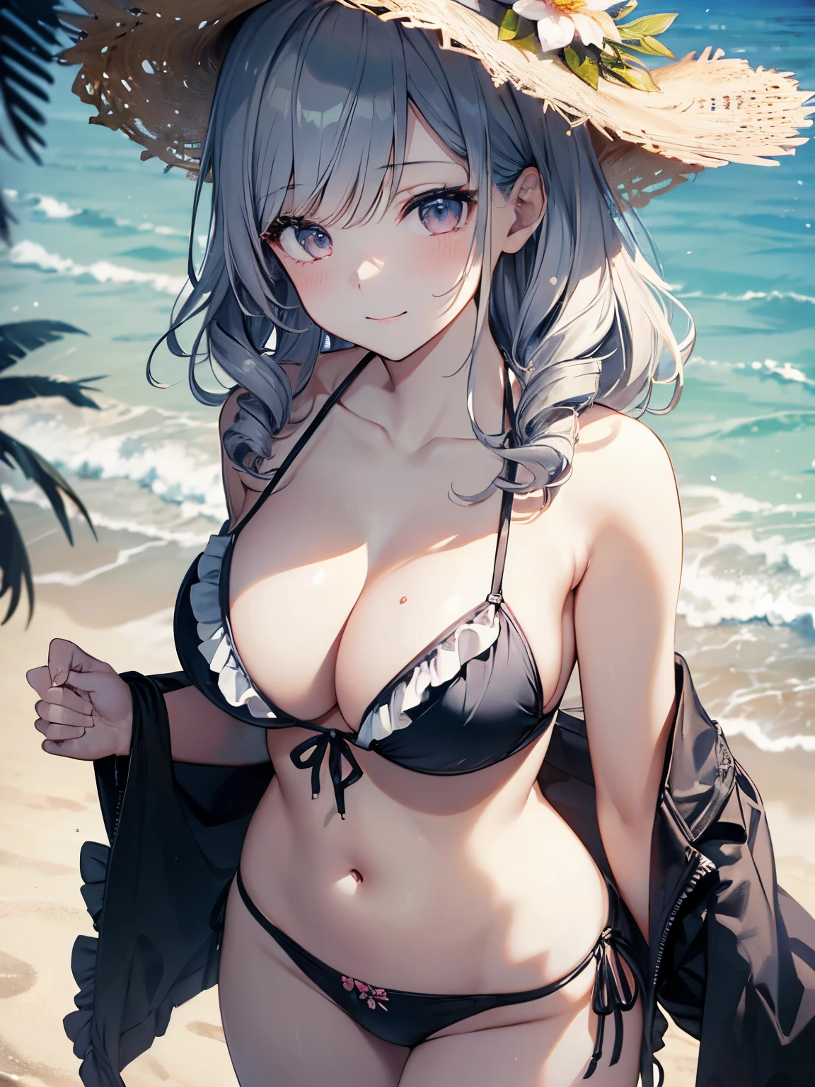 (tmasterpiece、top-quality、,8K),(Extremely detailed CG1.1),1 girl,(up-close:1.4),(silver curly hair:1.2),Pink eyes、Smile,(Floral ruffled bikini:1.3),Bigboobs,Beautiful skins、Detailed eyes、(Long lashes),(hason:1.2),beach,(from the above:1.2),Dynamic Angle ,Dynamic pose,Summer light,Intricate details , (Ultra photo realsisim:1.3),Perfect anatomy