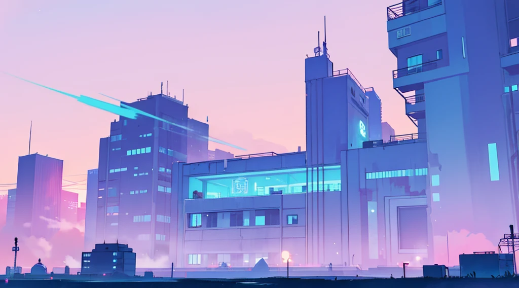 building silhouette, glowing blue color, pink sky, cyber punk