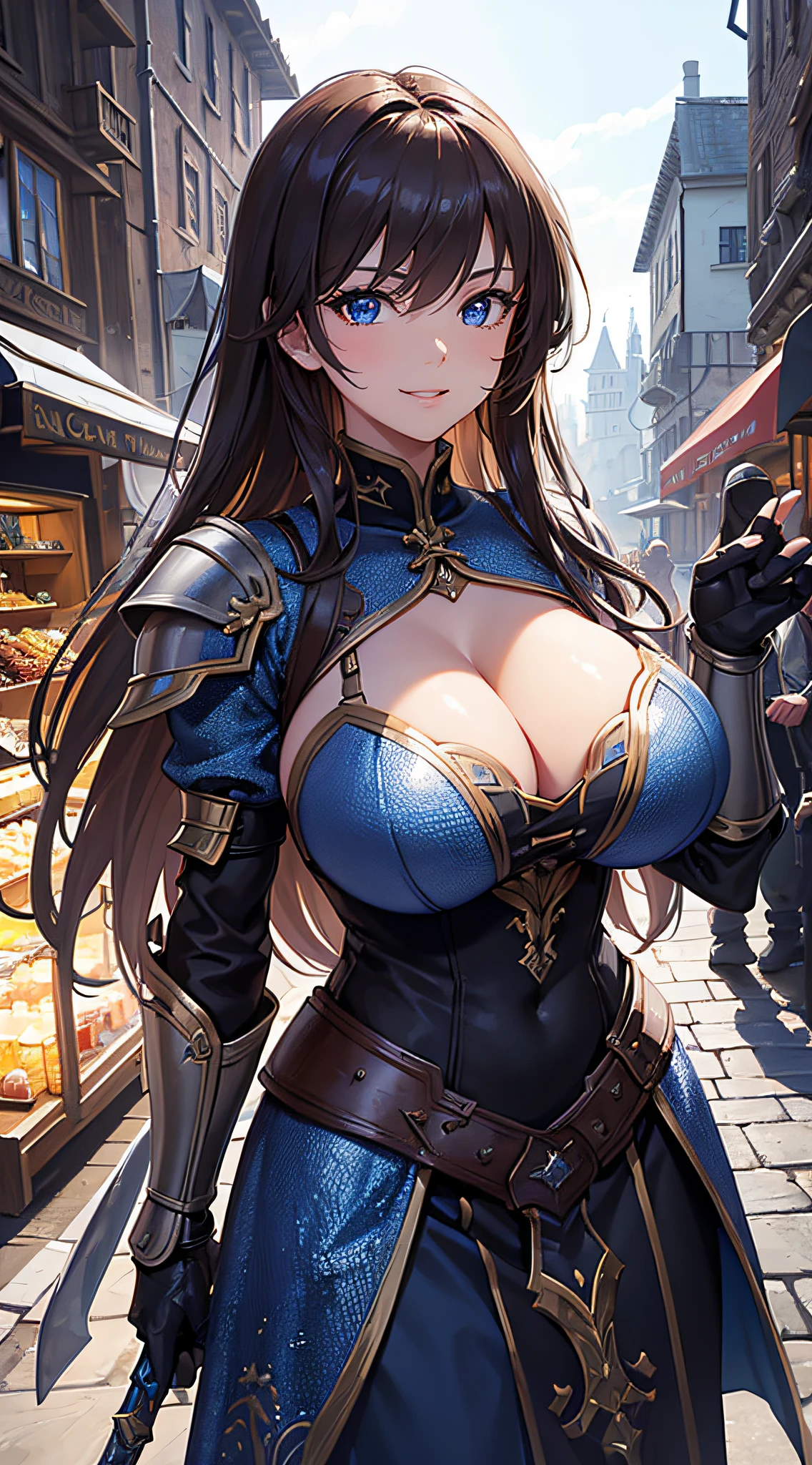 ((Extremely detailed)), 4K, ((cinematic lighting)), (cinematic fighting pose), Close up, fantasy world, medieval, cobblestone city, wooden stone houses, snow, marketplace, market stalls, adult woman, royal guard knight, long brown hair, blue eyes, ((beautiful eyes)), happy look, grin, blue tunic, (shiny armor), steel plate shoulders, steel gauntlets, armor plating, chainmail, very large breasts, gigantic breasts, (huge boobs), cleavage, holding large sword