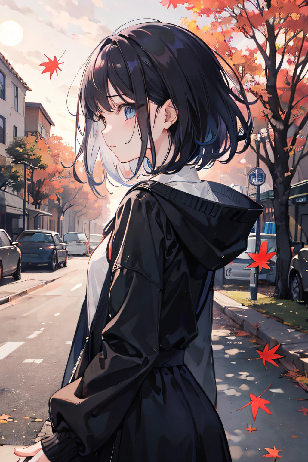 Anime manga girl、back shadow、Autumn streets、Street side、cabelos preto e longos、The autumn breeze blows、The hair was blown up、see it through your fingers、In love、Autumn trees、falling leaf、the setting sun、glory of sunset、An atmosphere of sadness