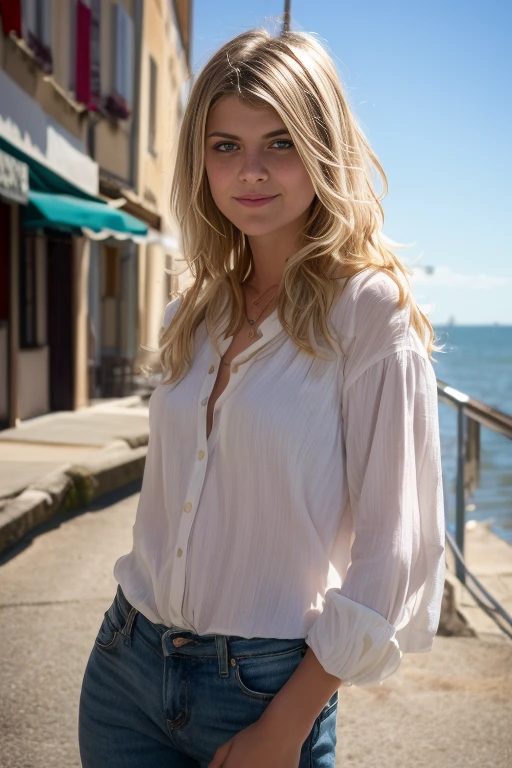 (1girl:1.1), Mélanie Laurent standing in broad daylight in the middle of a beautiful Britanny town, a French 24 years old actresss, (wearing summer clothes:1.3), slender body, small breasts, medium long venitien blonde hair, blue eyes, slightly smiling, ("Je vais bien ne t'en fais pas" French movie by Philippe Lioret in 2006:1.3), cowboy shot, ultra high res.photorealistic:1.4, UHD, atlantic coast lighting, (beautiful city of Saint-Aubin-sur-Mer in the background:1.2)
Negative Prompts