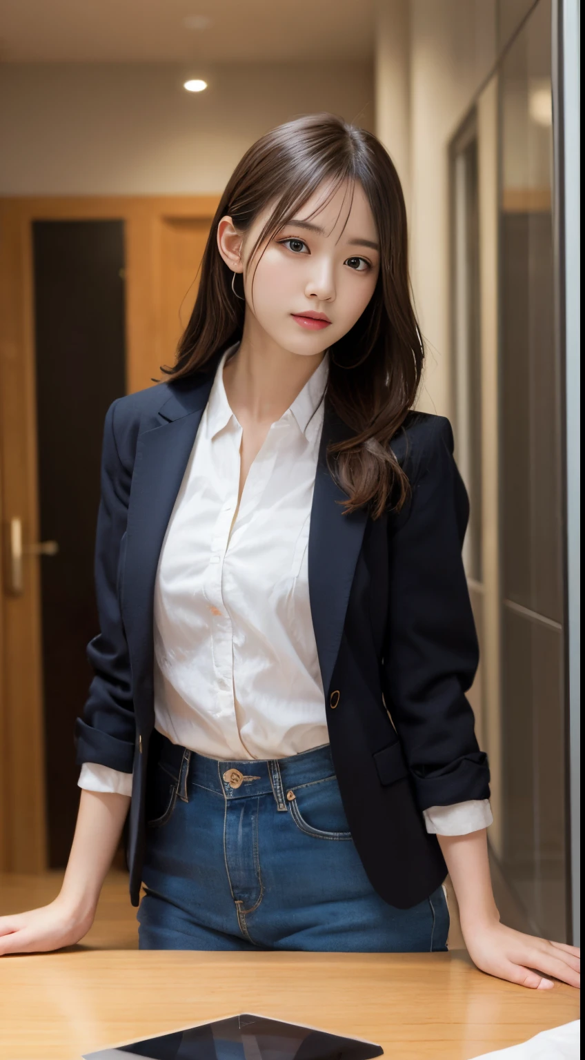 On the table, Best quality at best, illustratio, ultra - detailed, finely detailled, A high resolution, 8k wallpaper, Perfect dynamic composition, 美丽细致的眼睛,  natural lips,blazer jacket ,校服, Chopping, full bodyesbian,Put your hands in your pockets