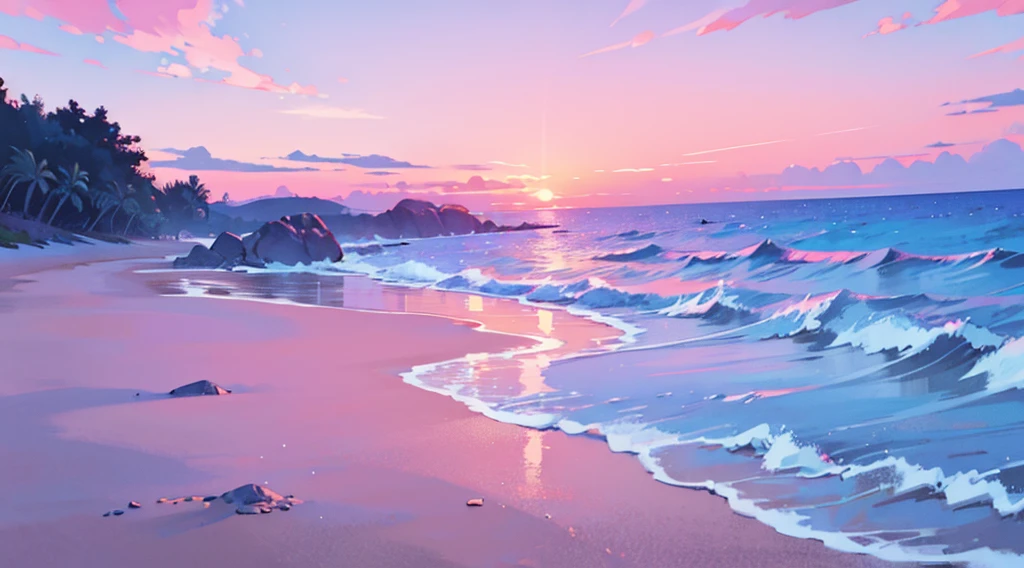 blue sand beach, pink sky, blue neon