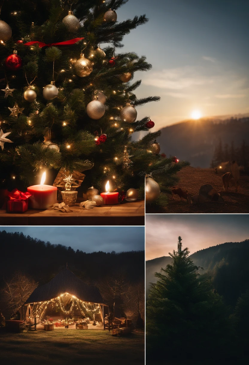 Site of large-scale environmental destruction where vast areas of forest have been cut down.、Install solar panel on one side、In the middle of that、A huge Christmas tree is placed and luxuriously decorated..、Is it a bulltozer?、Yumbo is placed、Solar Panels