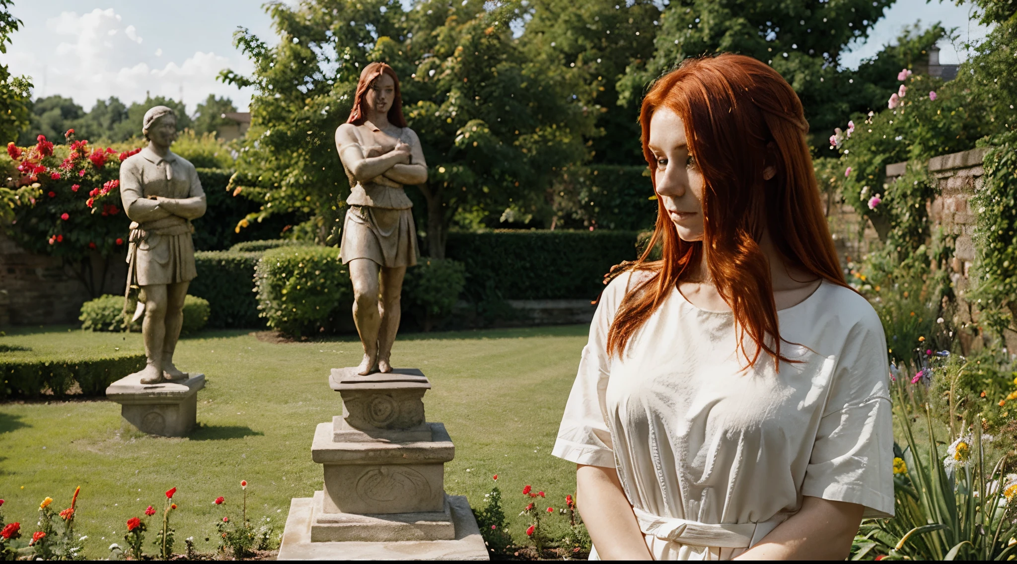 a normal red-haired woman next to a plaster statue in a garden