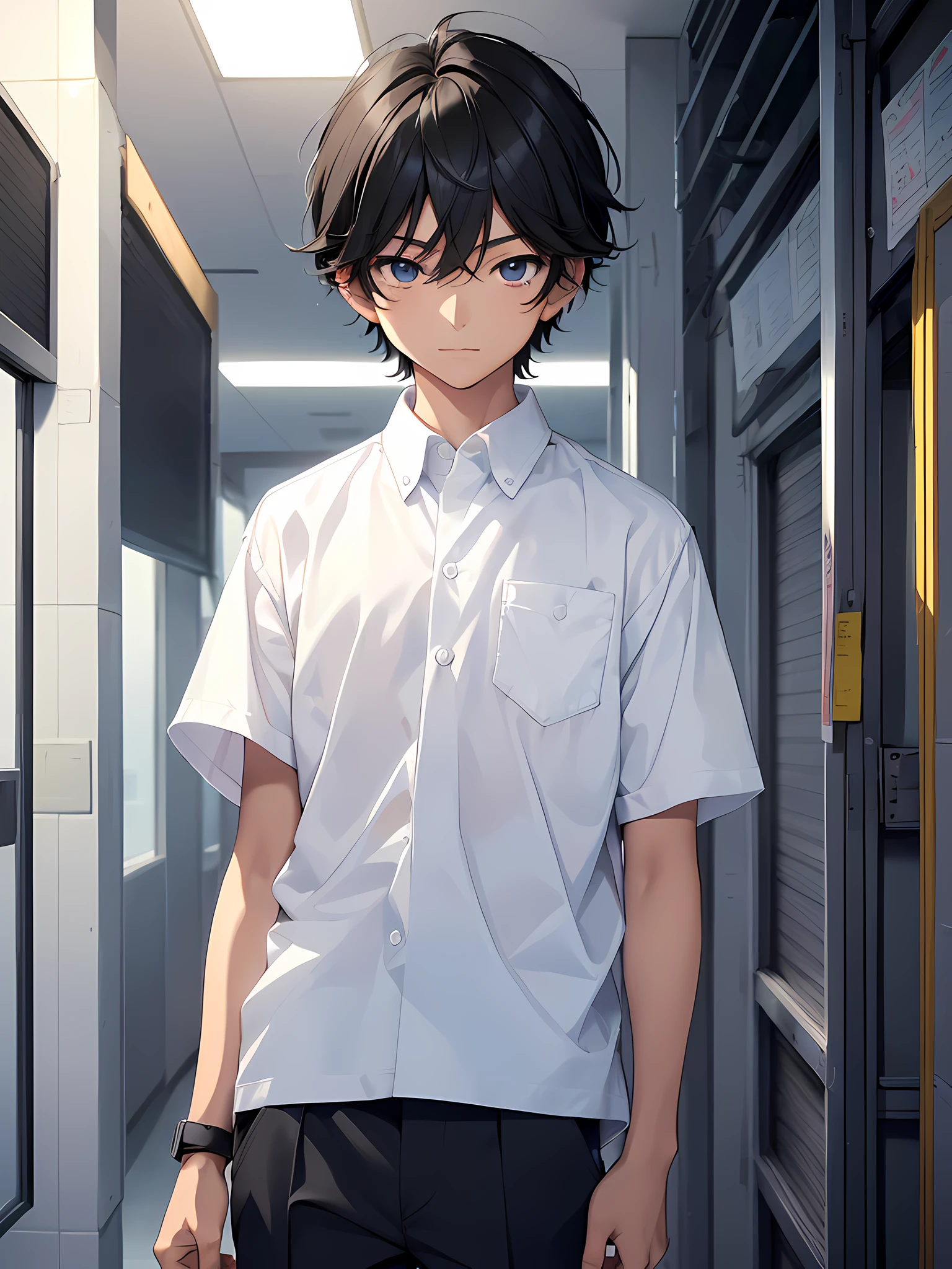 1boy, young male, age 12, black hair, happy, solo, detailed eyes, clear eyes, quality eyes, masterpiece, (UntuckedShirt:1.3), UntuckedShirt, student, White shirt (untucked, plain white, pocket), short sleeves, long black pants, wearing blue lanyard, standing, park, school, anime, line art anime