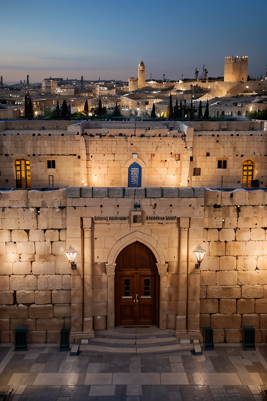 "Create a detailed and picturesque aerial illustration of the front view of a Messianic Jewish synagogue, which is also a place of Christian worship, located on the Western Wall Mount (Wailing wall) in Jerusalem. Replace the existing mosque nearby with a Messianic Christian synagogue dedicated to Yeshua. Highlight the architectural elements that make it distinctly Jewish and Messianic, como os motivos da Estrela de David, traditional jewish symbols, and any unique characteristics specific to Messianic Jewish congregations. Capture the essence of the place of worship, incluindo sua fachada, entrada, and surrounding areas on the Western Wall Mount, while instilling in him a sense of spirituality and reverence."