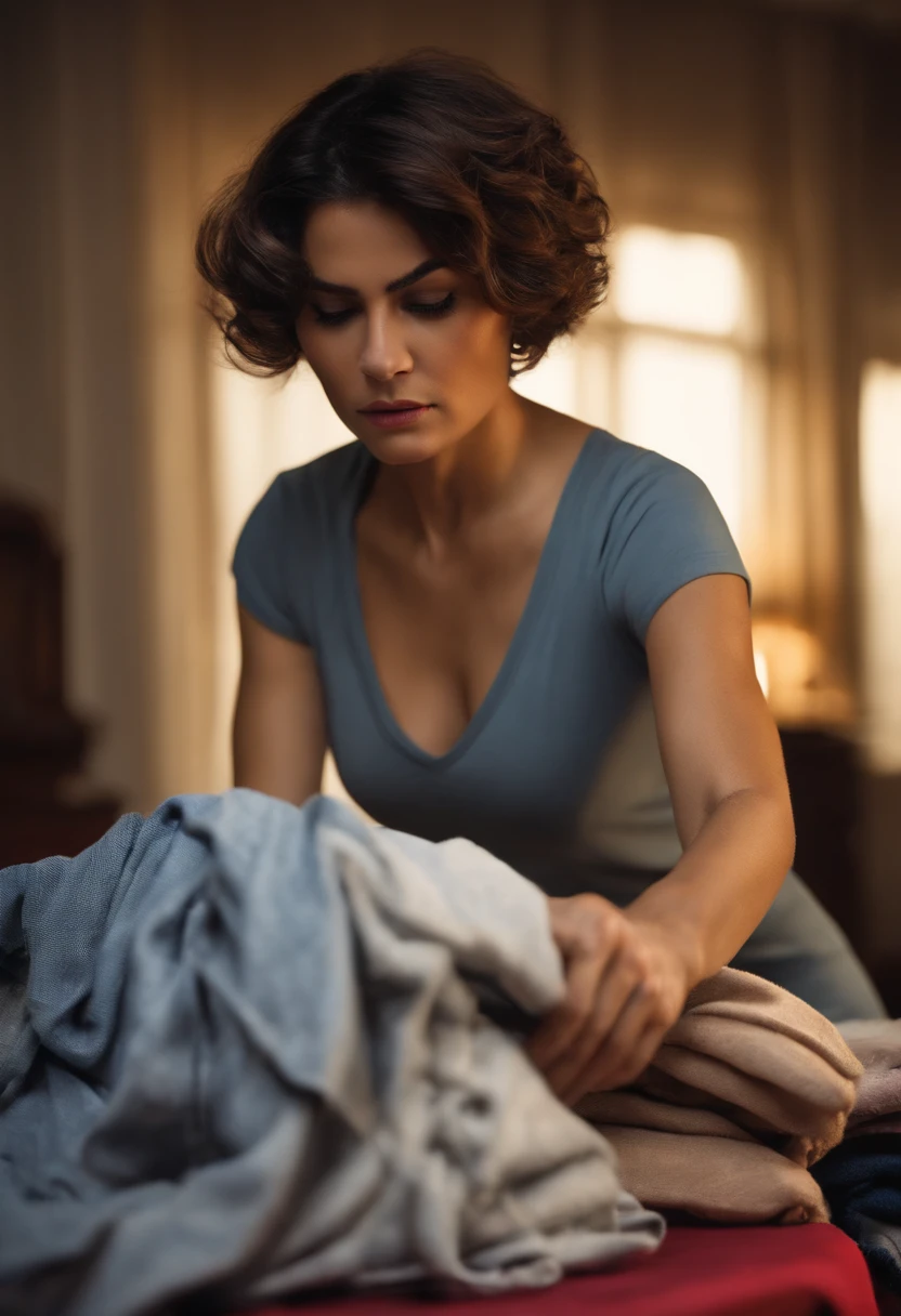 A photo of Suzan angrily ironing a pile of clothes,original,Petite, short hair, dark eyes and light skin, angry and frustrated but serious , female