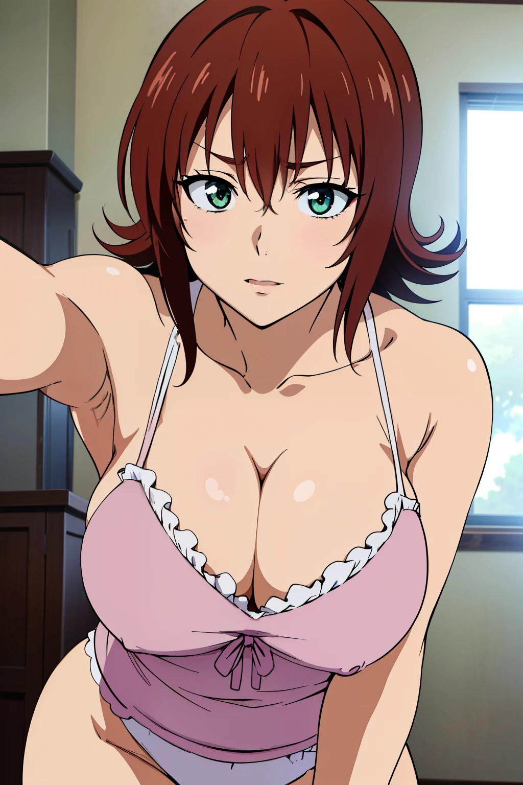 (Best Quality, masutepiece, High resolution, anime screen cap, anime colours), Red hair, ryouko, Embarrassed look:1.3, (large breasts with drooping:1.8, cleavage), (Thin fabric, Large white camisole:1.8, no-bra:1.5, Wide open chest), Slimed, Lower your arms, Leaning forward, Upper body, Close-up on the chest, Bedrooms, (Perfect Anatomy, perfect detailed body, Eyes and hair in beautiful detail, Beautiful breasts and skin),