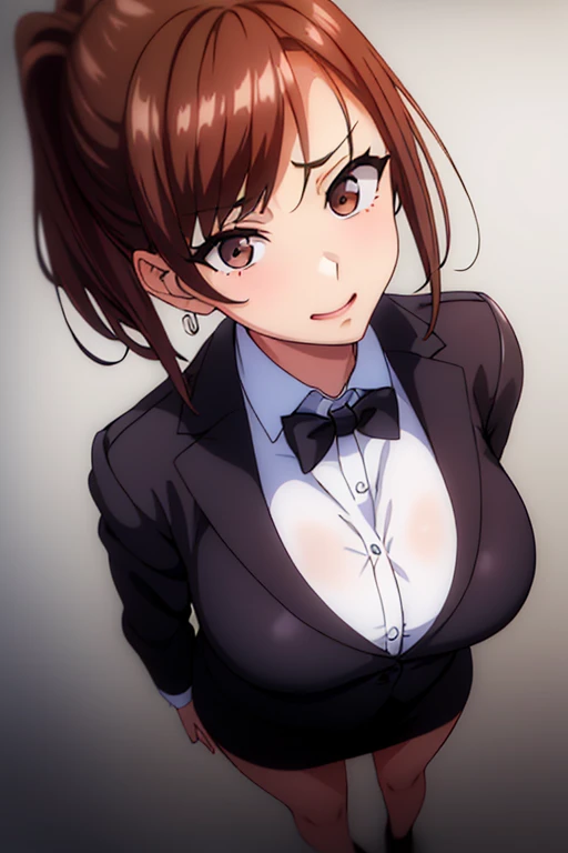 Simple white background,
(black_Formal_blazer:1.3),(white_collared_shirt), jewellery, (black_pencil_skirt), rings, cleavage,
pony-tail,(brown_heads:1.3), bangss,brown_eyes,Short hair, 
1 Girl, 20yo,young female,Beautiful Finger,beautiful long legs,beautiful body,Beautiful Nose,beautiful character design, perfect  eyes, perfect faces,expressive eyes,The perfect balance,
looking up at viewer,(Focus on her face),closed mouth, (Innocent_Big_eyes:1.0),light_Smile,
Official Art,Extremely detailed CG unity 8k wallpaper, perfect light,colourfull, bright_electric wires_face_illumination,sparkly skin, 
(Masterpiece:1.0),(best_Vagina:1.0), The ultra-Highres,4k,Ultra-detailed,
photography, 8K, HDR, high resolucion, absurderes:1.2, kodak Portra 400, film grain, blured background, Bokeh:1.2, lens flares, (lively_color:1.2),professional photograph, 
(beautiful,larger_pectorals:1.4), (beautiful_face:1.5),(narrow_waist),