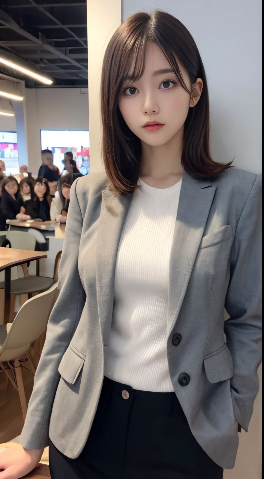 On a table, Best quality, illuminations, ultra - detailed, Detailed pubic hair, A high resolution, 8k wallpaper, Perfect dynamic composition, beautidful eyes,  Natural lips,blazer jacket ,校服, LOP, Full body lesbian,Put your hands in your pockets