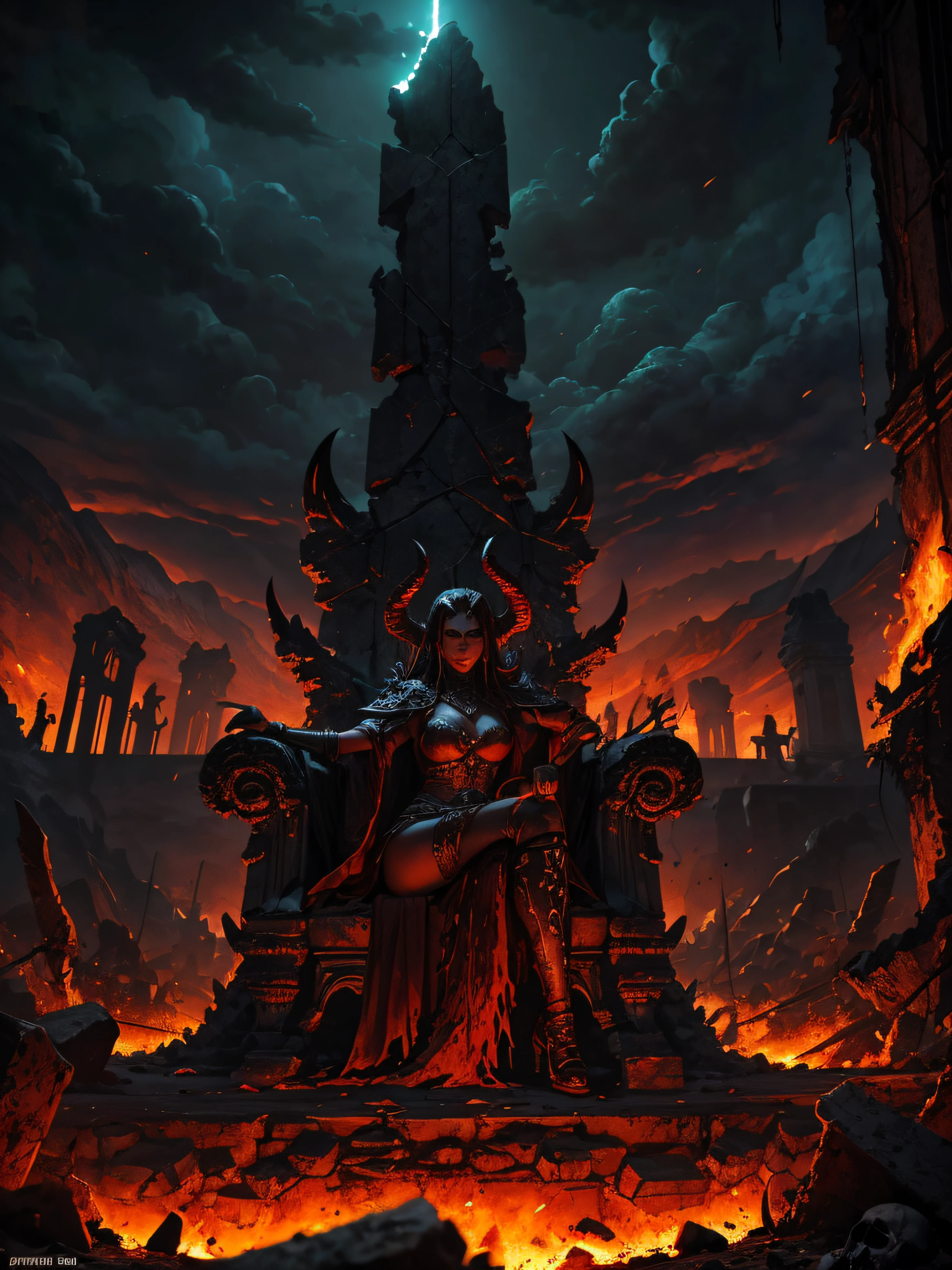 (((facing us))) demonic woman sitting with her legs apart on a small throne of bones, Pele vermelha, armadura de pedras e lava, bored expression, night apocalyptic scenery background, some ruins of a destroyed city, chaotic sky in brown tones, amarelo e vermelho, aspecto sombrio, infernal