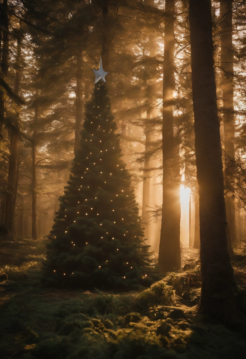 Site of large-scale environmental destruction where vast areas of forest have been cut down.、Installed a large number of solar panels、In the middle of that、A huge Christmas tree is placed and luxuriously decorated..、Is it a bulltozer?、Yumbo is placed、