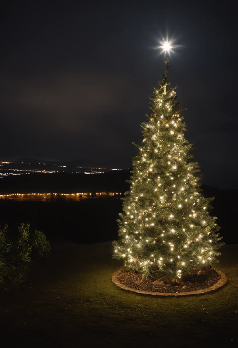 Site of large-scale environmental destruction where vast areas of forest have been cut down.、Installed a large number of solar panels、In the middle of that、A huge Christmas tree is placed and luxuriously decorated..、Is it a bulltozer?、Yumbo is placed、