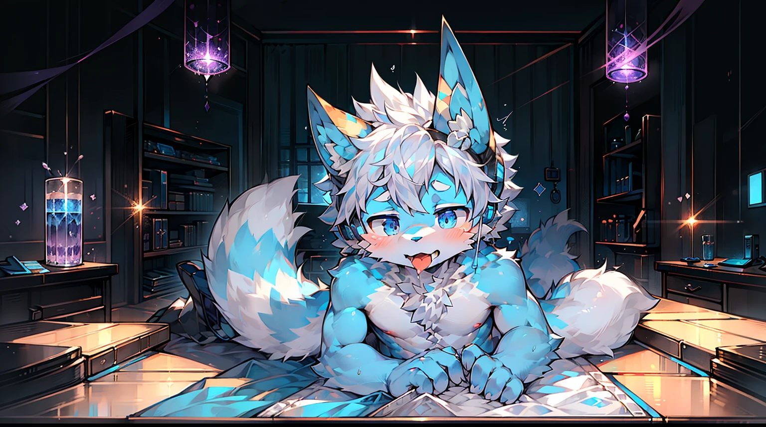 day time, sunlight (potion shop) potions, books, table, pen, windows, leaves, (medical theme) full_body, Kemono, (white fur), anatomically correct , male, furry, (fluffy | soft body), (store owner, round eye glasses), blushing, innocent, soft pawpads, 3_toes (experimenting), bright | blue pupils, innocent look, blush | detailed face, facing_viewer (high_quality, best_quality:1.2), (detailed_background:1.3), (detailed_fur:1.3), (Highly_detailed:1.2),(absurd_res:1.1) uploaded_on_e621, ambient_sun_light, reality_ray_tracing, solo, (front_view),  [white body_fur], ((pink nipples, pink small tight anus, anus show, small pink penis)), white tail, ((innocent expression))