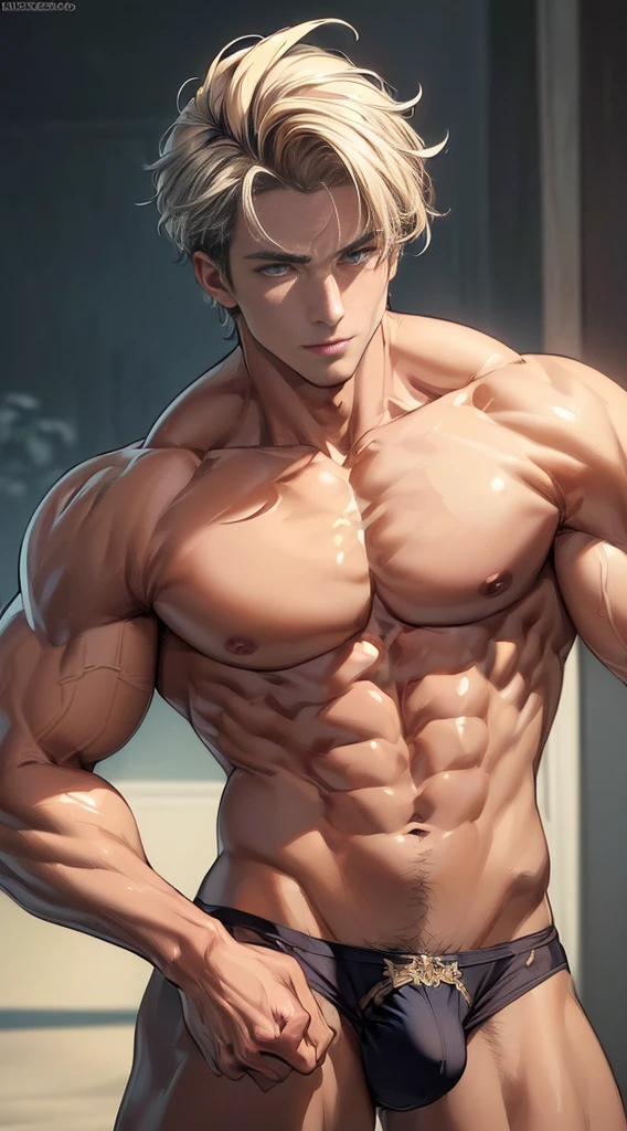 (masterpiece,best quality,8k,ultra-detailed:1.5),ultra realistic,solo standing male,muscular,handsome,(((perfect face,perfect eyes))),looking at viewer,(topless),anime style,illustration,(''underwear,big bulge''),realistic shade,detailed beautiful face and eyes,perfect body,(((full body))),shiny skin