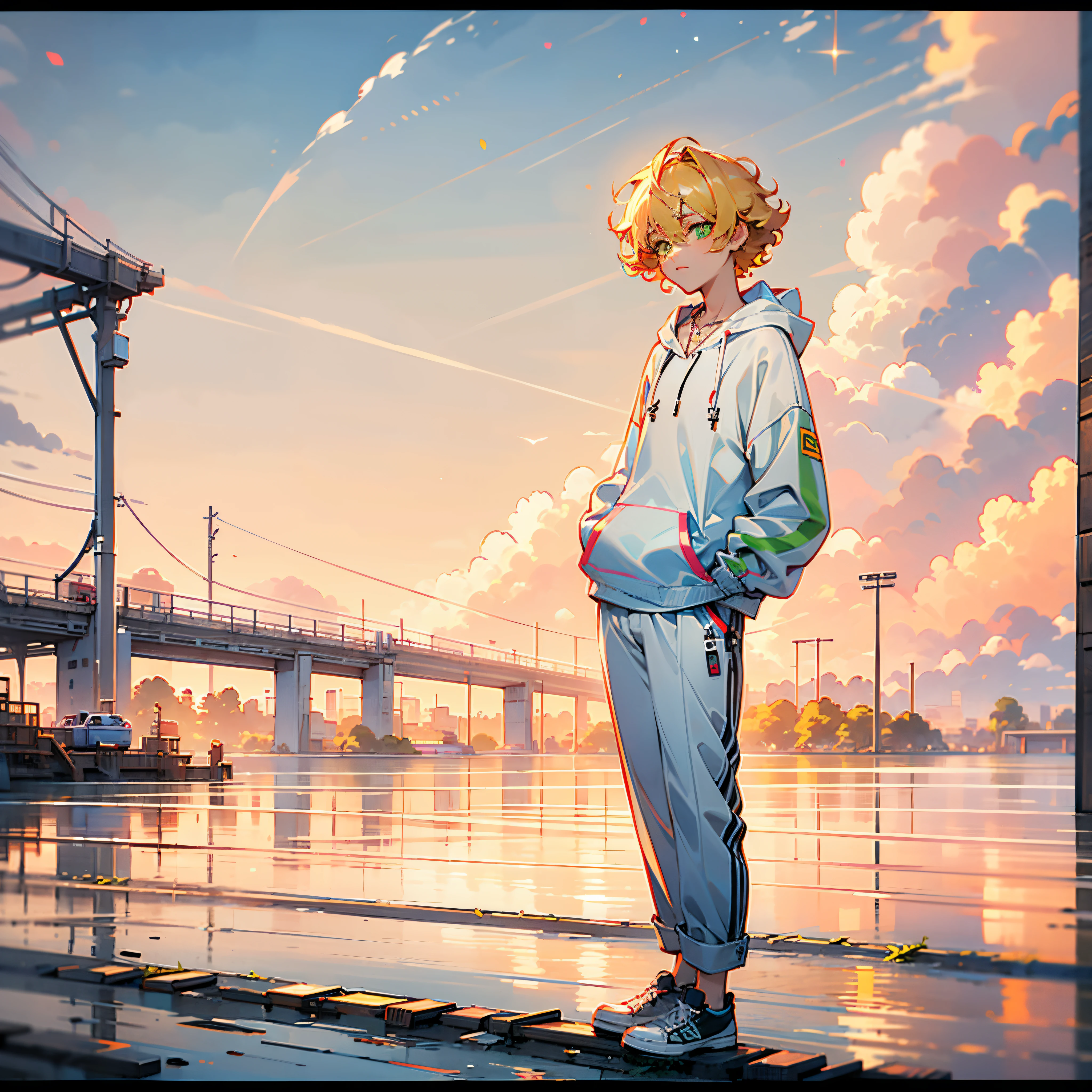 tmasterpiece, high qulity, A teenager, blond hairbl, short and wavy hair, green pupills, cross necklace, White cardigan hoodie, Gray cotton casual trousers, High-top canvas shoes, hands in a pocket, trains, bru, flod, the sunset.