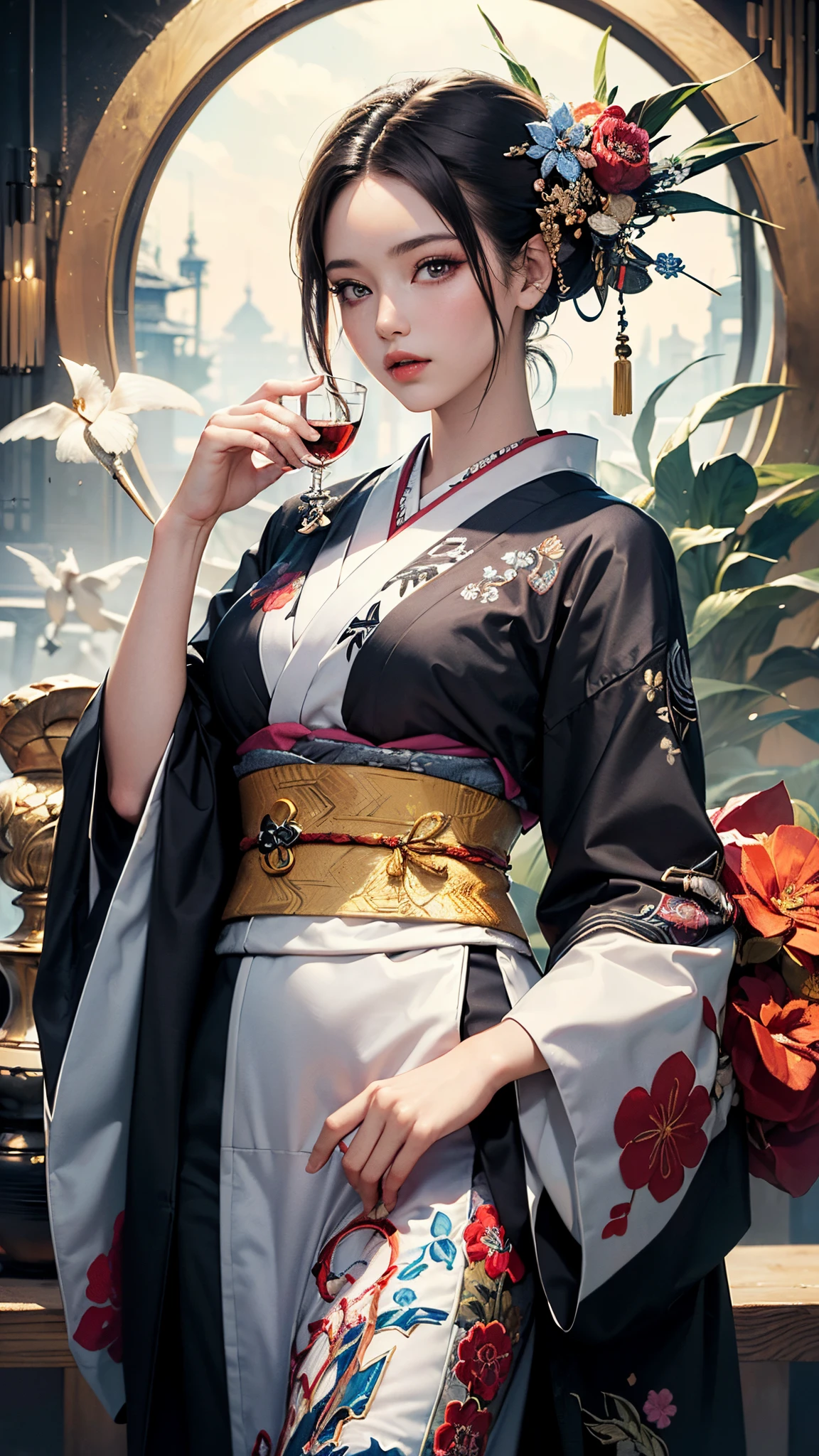 (masterpiece, top quality, best quality, official art, beautiful and aesthetic:1.2), (1girl),elaborate costume(Luxurious Japan kimono(Colorful kimono(detailed embroidery))), extreme detailed,(Fractal art),colorful,highest detailed,Mandala in the background