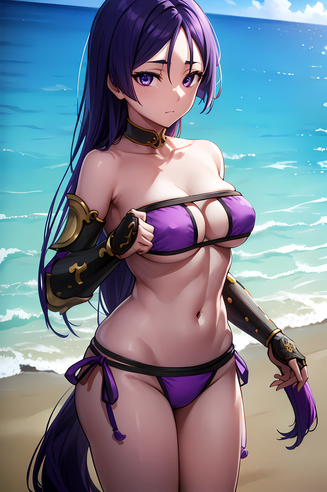 Fergolecu, Lai Guang, long whitr hair, Parted bangs, (a purple eye:1.1), Purple colored hair,
Break away from the arm brace, armour, obi strip, 比基尼, choker necklace, 鎖骨, navel, purple Bikini, stomach, swim wears, upper legs,
BREAK outdoors, sea beach,
BREAK LOOKS AT THE AUDIENCE,
BREAK BREAK BREAK (tmasterpiece:1.2), Best quality at best, A high resolution, Unity8k wallpapers, (illustratio:0.8), (美丽细致的眼睛:1.6), Extremely detailed face, perfect litthing, extremely detremely detailed CG, (Perfect hands, perfect anatomia),