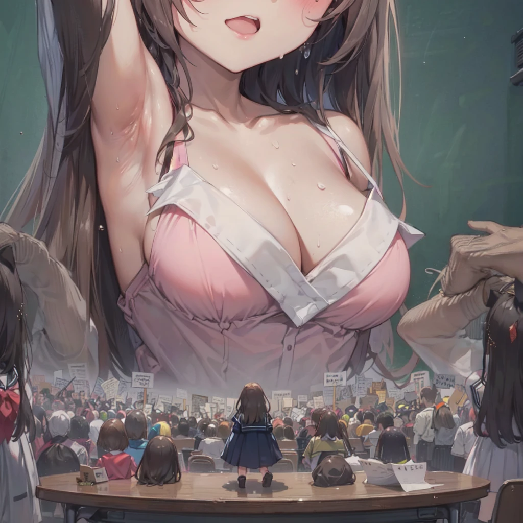 sweaty, armpit, misty, (classroom with crowds of people: 1.2), table, desk, (giantess:1.3), small breasts, smug, cleavage, serafuku, tall, a classroom of people on a platform below the breasts of a giantess, a classroom of people on a platform in front of the breasts of a giantess, (crowds:1.4), (multiple_girls:1.5), (1girl:1.5), serafuku, (minigirl:1.4), (minigirl on a table: 1.2)