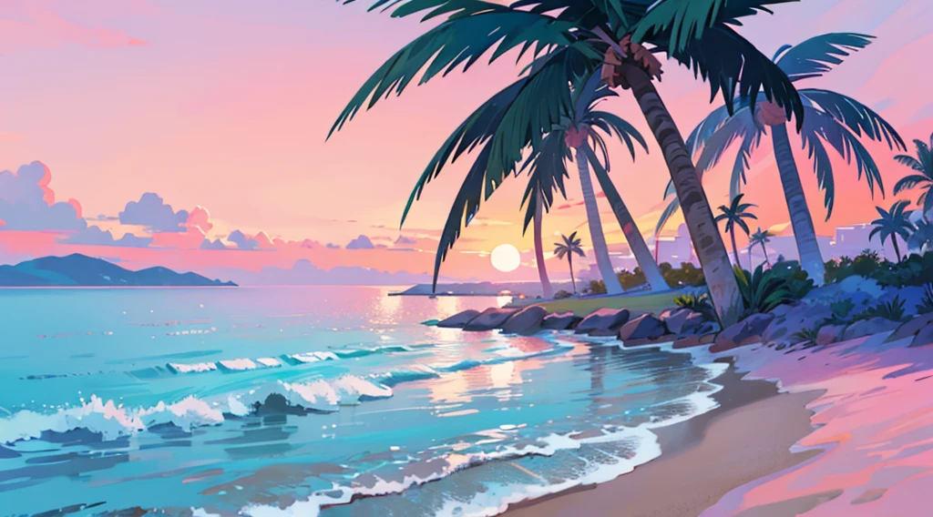 blue sand beach, pink sky, palm tree