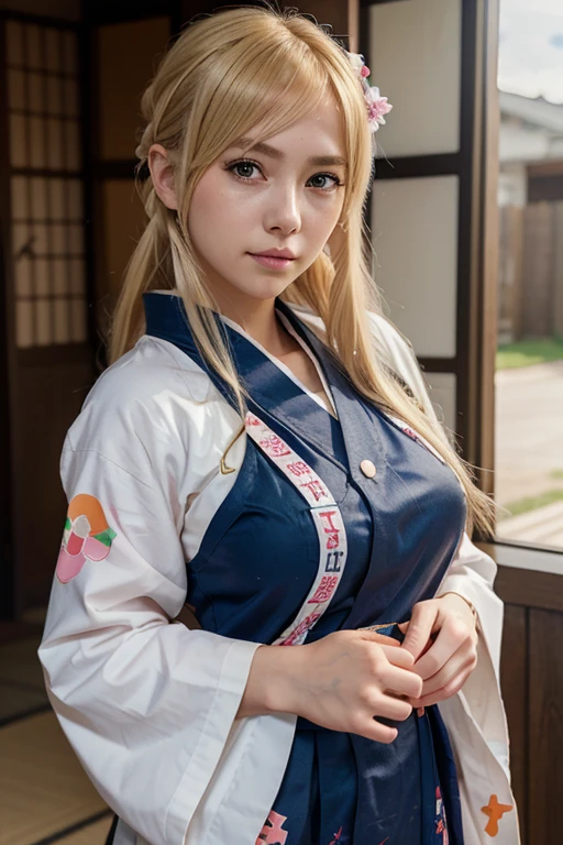 an anime girl,Blonde cute girl anime visual, Fine details. girls' frontline, from girls frontline,girls frontline style, kawaii realistic portrait, girls frontline cg, Yukata, ultrarealistic sweet girl, girls' frontline, extremely cute anime girl face,Blonde Girl, A Japanese style,kimono