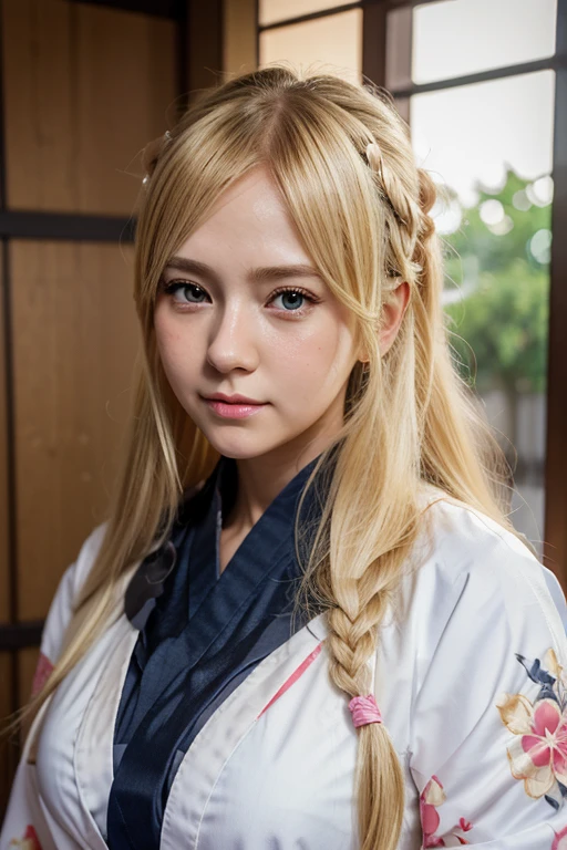an anime girl,Blonde cute girl anime visual, Fine details. girls' frontline, from girls frontline,girls frontline style, kawaii realistic portrait, girls frontline cg, Yukata, ultrarealistic sweet girl, girls' frontline, extremely cute anime girl face,Blonde Girl, A Japanese style,kimono