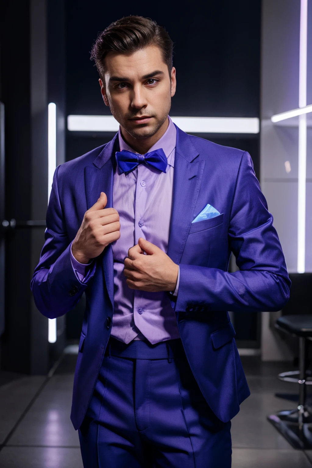 man in lilac suit, with blue neon colors in his clothes, ultra realistic, making gestures with his hands, no background