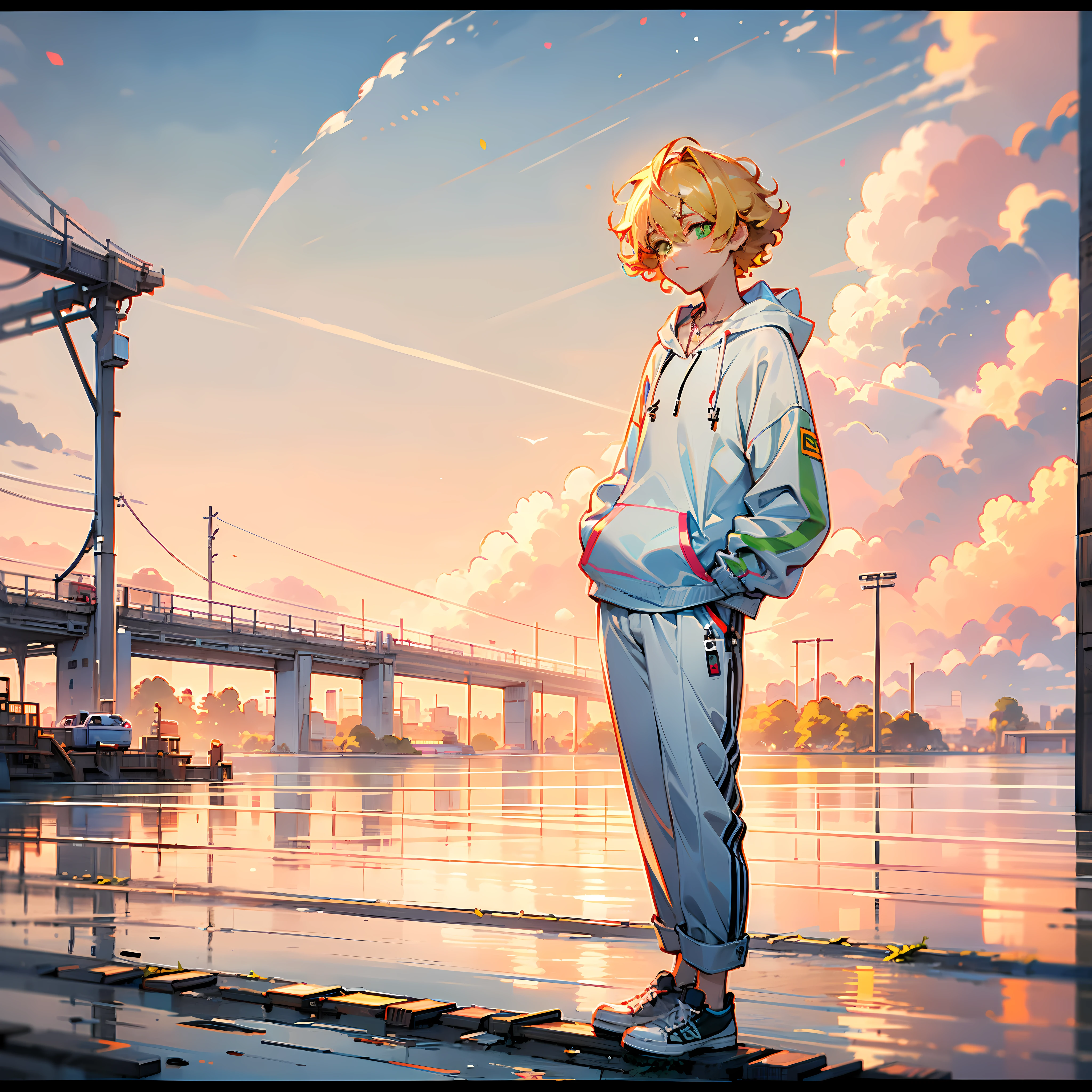 tmasterpiece, high qulity, A ager, blond hairbl, short and wavy hair, green pupills, cross necklace, White cardigan hoodie, Gray cotton casual trousers, High-top canvas shoes, hands in a pocket, trains, bru, flod, the sunset.