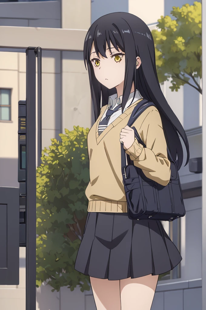 (extremely detailed CG unity 8k wallpaper), (masterpiece), (best quality), (ultra-detailed), (best illustration), (best shadow), (absurdres), 1girl, solo,  miko, 1girl, phone, cellphone, solo, skirt, smartphone, yellow eyes, long hair, black hair, bag, necktie, school uniform, night, road, holding phone, school bag, sweater, pleated skirt, street, outdoors