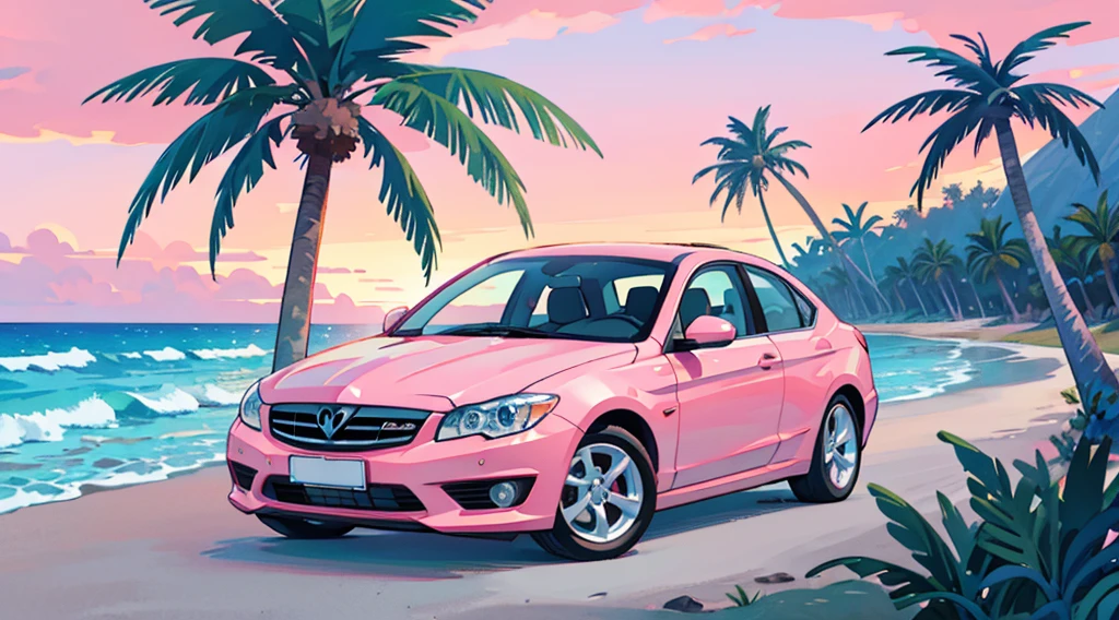 blue sand beach, pink sky, palm tree, white classic car