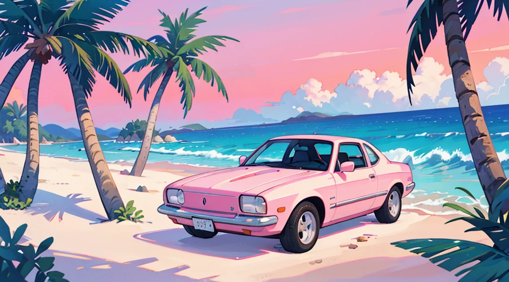 blue sand beach, pink sky, palm tree, white classic car
