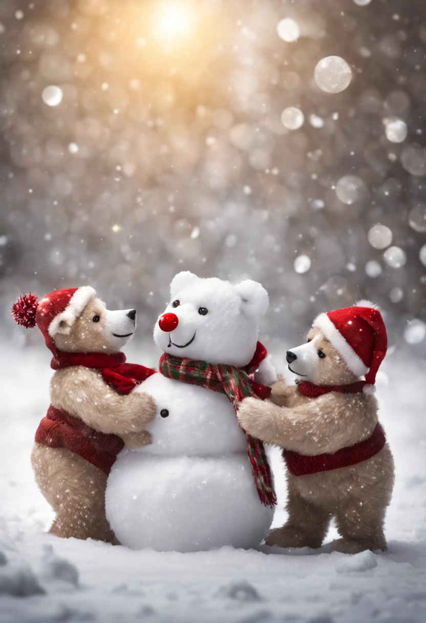 Happy bears building a christmas snowman ---- Monge style, 4i7pp3YEYA mIOst, 8k uhd, dslr, Dramatic Rim light, high quality, Fujifilm XT3, photography and mixed media art HDRI.