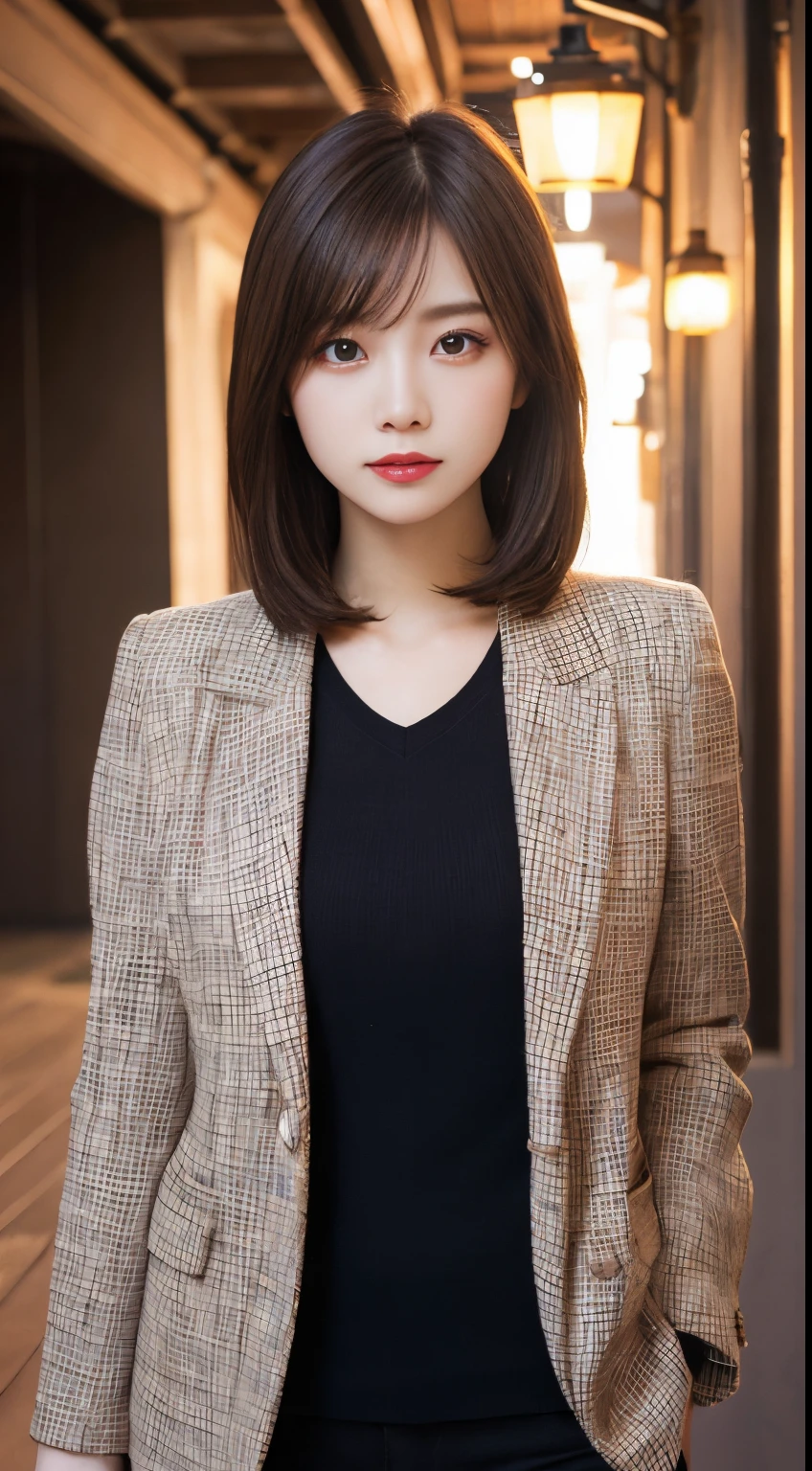 On a table, Best quality, lamplight, ultra - detailed, Detailed pubic hair, A high resolution, 8k wallpaper, Perfect dynamic composition, beautidful eyes, Natural lips,blazer jacket ,校服, Lop, Full body lesbian,Put your hands in your pockets