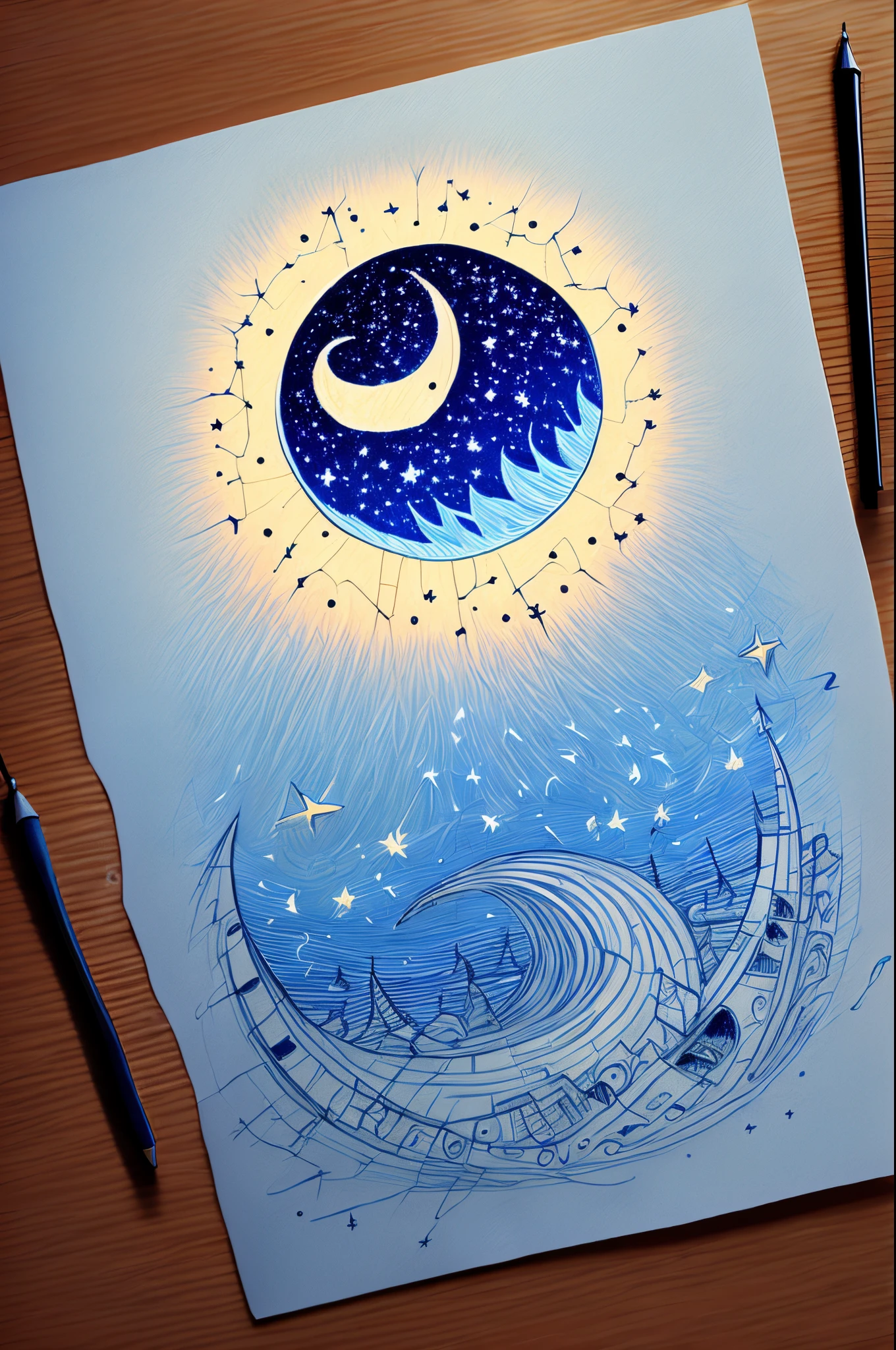 A AI drawing.The background should contain variants of blue coloured sky with a stars and a crescent moon.