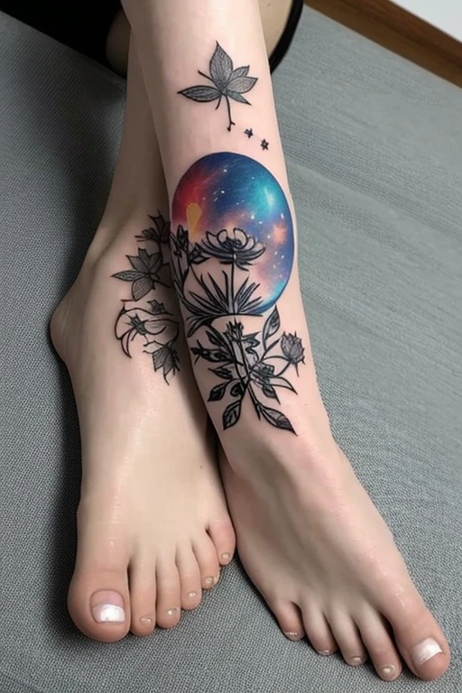 ankle tattoo design cosmos, planets, mythical, nature, plant