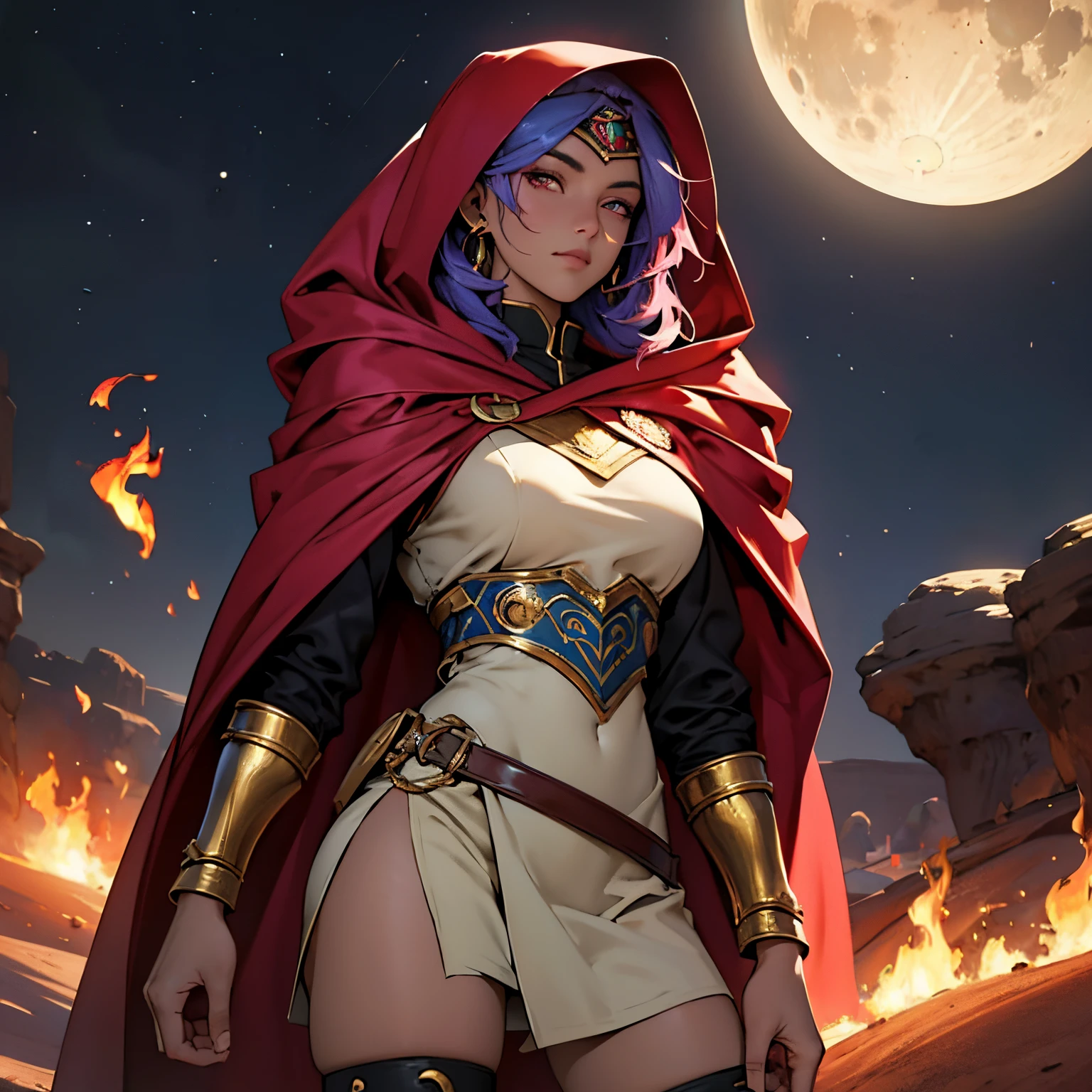 ​masterpiece, Best Quality, 4k, Very detailed, Background with: Oasis under the crescent moon in the desert night, Moroccan female warrior wearing Islamic armor, red hijab, Gold decoration,Pink eyes, The perfect human body, flame, Blue hair