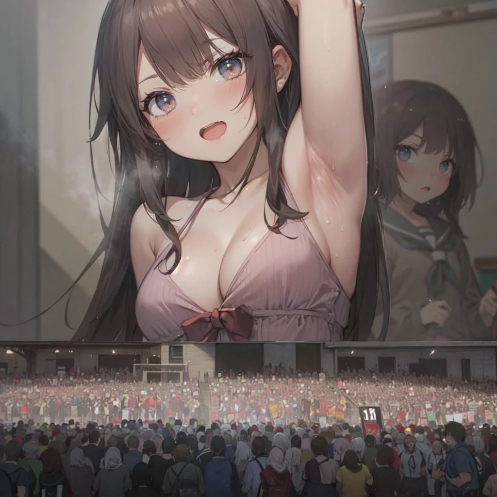 armpit, sweaty, misty, (classroom with crowds of people: 1.2), table, desk, (giantess:1.3), small breasts, smug, cleavage, serafuku, tall, a classroom of people on a platform below the breasts of a giantess, a classroom of people on a platform in front of the breasts of a giantess, (crowds:1.4), (multiple_girls:1.5), (1girl:1.5), serafuku, (minigirl:1.4), (minigirl on a table: 1.2)