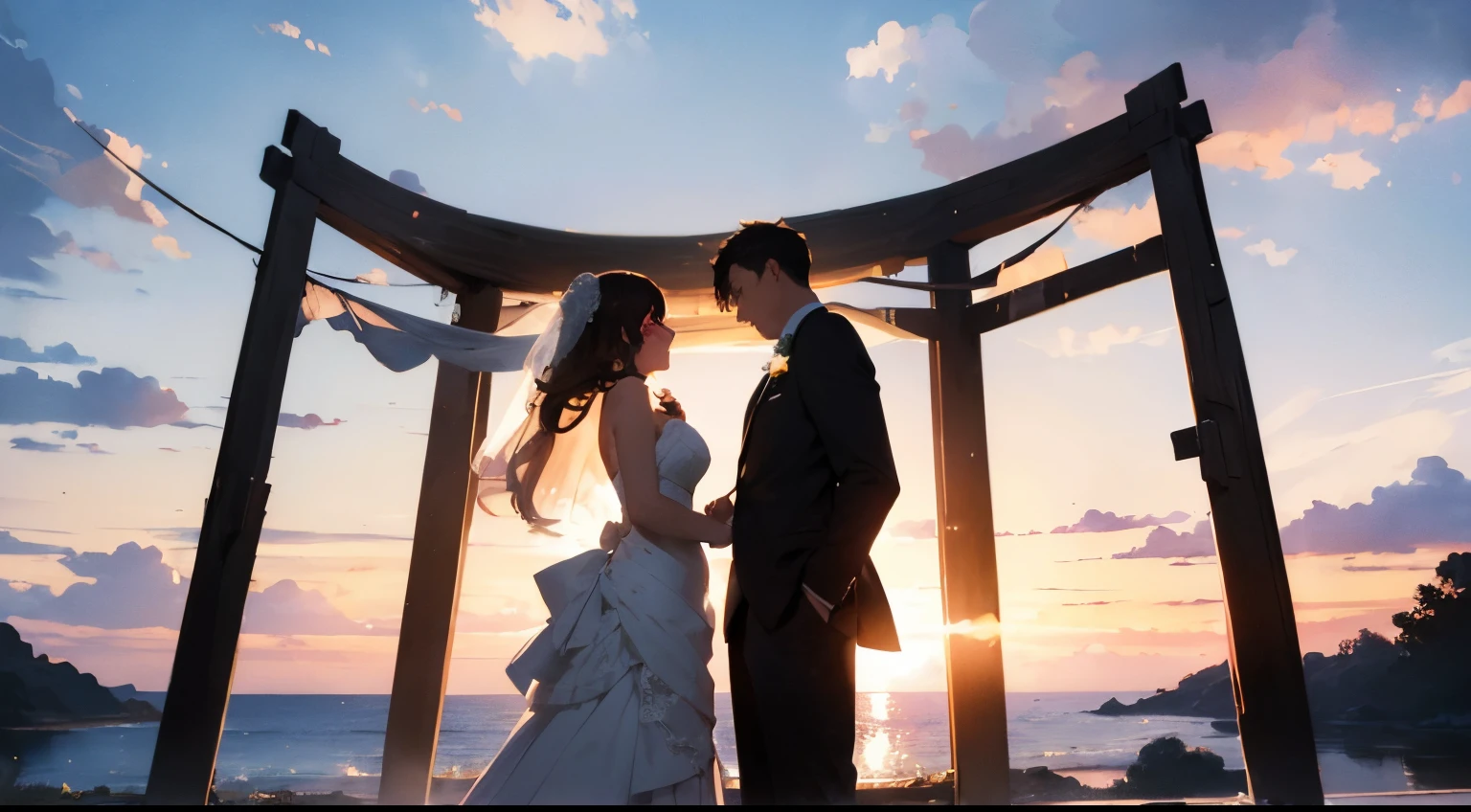 "(best quality,highres,masterpiece:1.2),romantic silhouettes,beautifully detailed bride and groom,sunset backdrop,ethereal lighting,warm color tones,gentle breeze,loving embrace,dreamy atmosphere,intimate celebration"