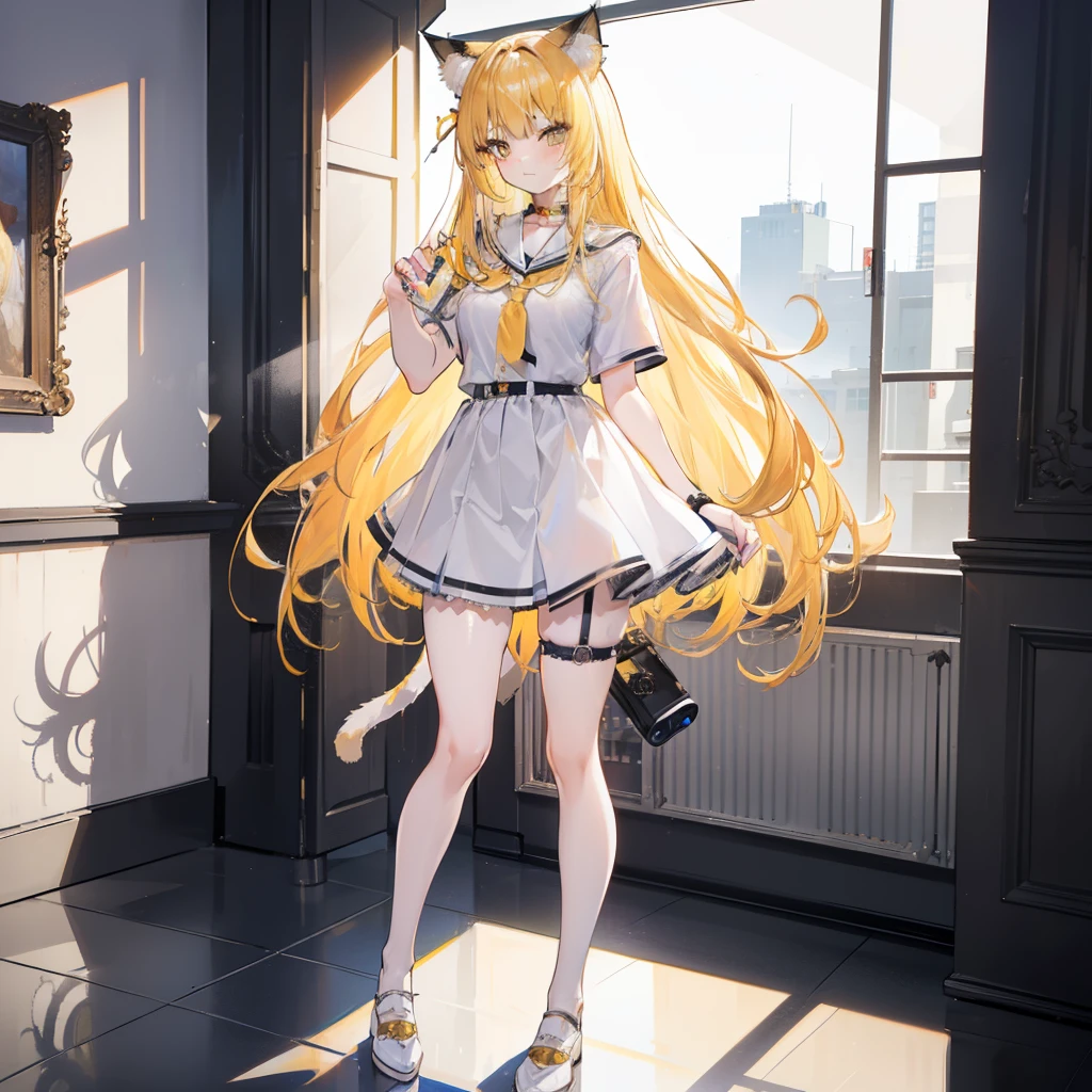 woman with yellow hair, ((cat ears)), slight smile, slight blush, long hair, (extremely detailed face and clothing), full body, (looking into camera), (realistic camera angle), fantasy, on the floor, (standing in school corridor), white dress, miniskirt, (((masterpiece))), (((ultra high quality, 8k)))