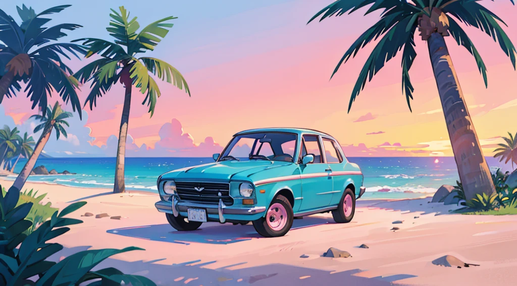 blue sand beach, pink sky, palm tree, classic car