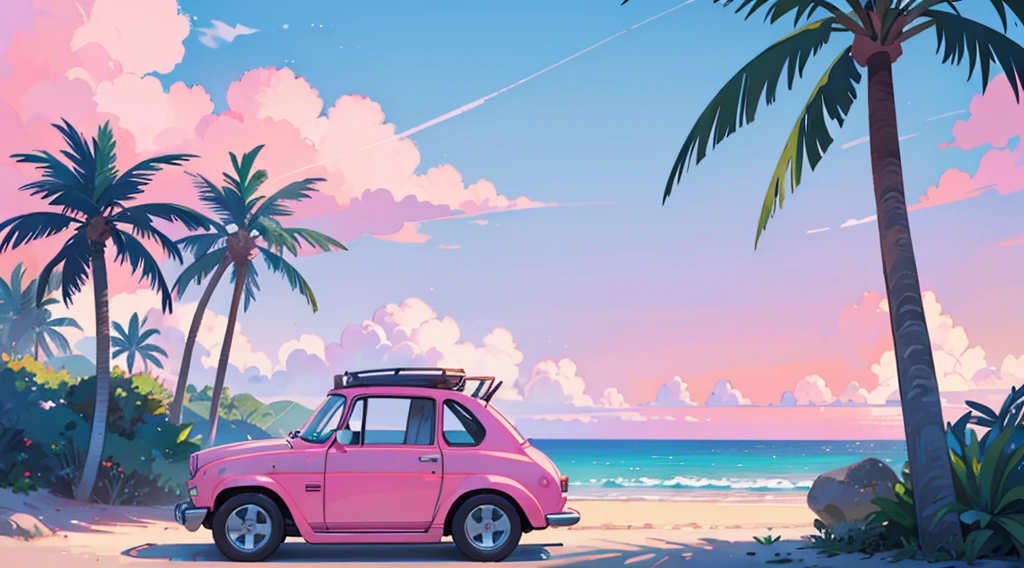 blue sand beach, pink sky, palm tree, classic car