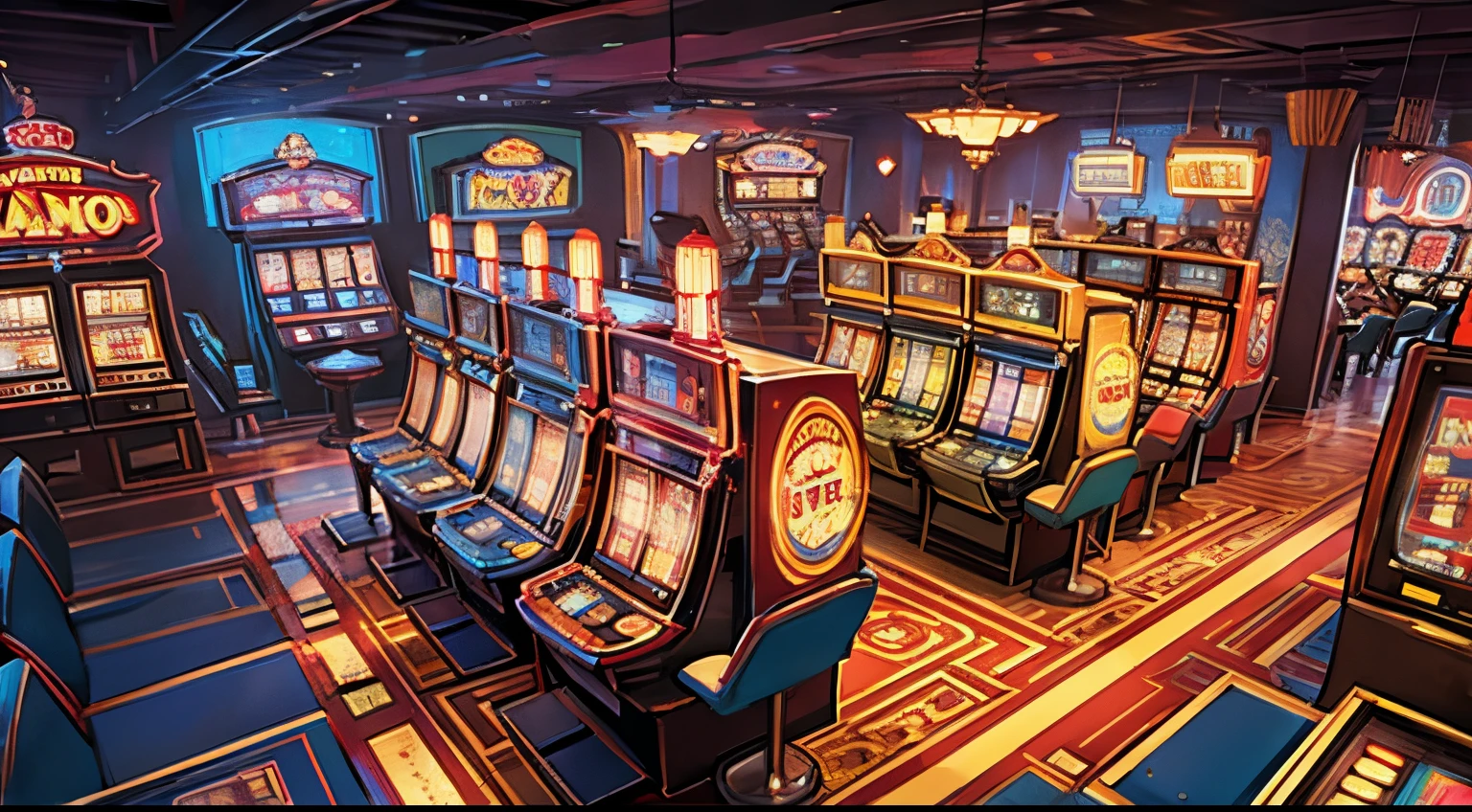 aerial view of a casino interior. Environment art. Concept art. slot machine