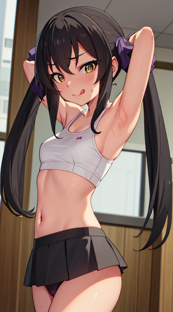 masterpiece, best quality, highres, Matoba Risa, 1girl, solo, busty, flat breasts, black hair, twintail., sport bra, short skirt, looking at viewer, full body, standing, simple background, (erotic pose:1.4), blush, flustered, (panties exposed:1.3), ((arms behind head, double armpits, standing)), Half body, upper body, In the middle, symmetrical, licking lips