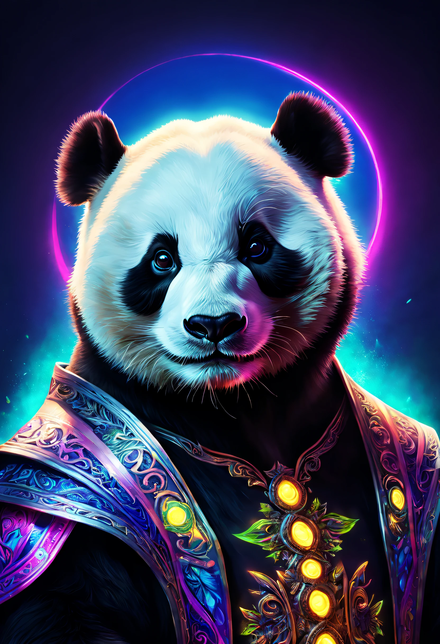 Portrait of a Panda with blacklight makeup, fantasy, highly detailed, digital painting, artstation, concept art, sharp focus, illustration,god rays, ray tracing, best quality, highres, 16k