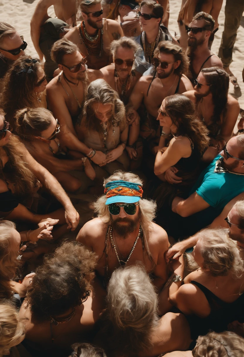 An overhead shot of Tyler leading a discussion on the transformative power of Burning Man, surrounded by a captivated group of listeners.,original,Tyler, a die-hard Burning Man enthusiast, is easily recognizable with his eclectic attire, often adorned with neon colors, bandanas, and an assortment of festival wristbands that serve as badges of honor. His hair is typically unkempt, colored in wild hues, complementing his ever-present sunglasses that hint at a life perpetually ready for the Playa. , male