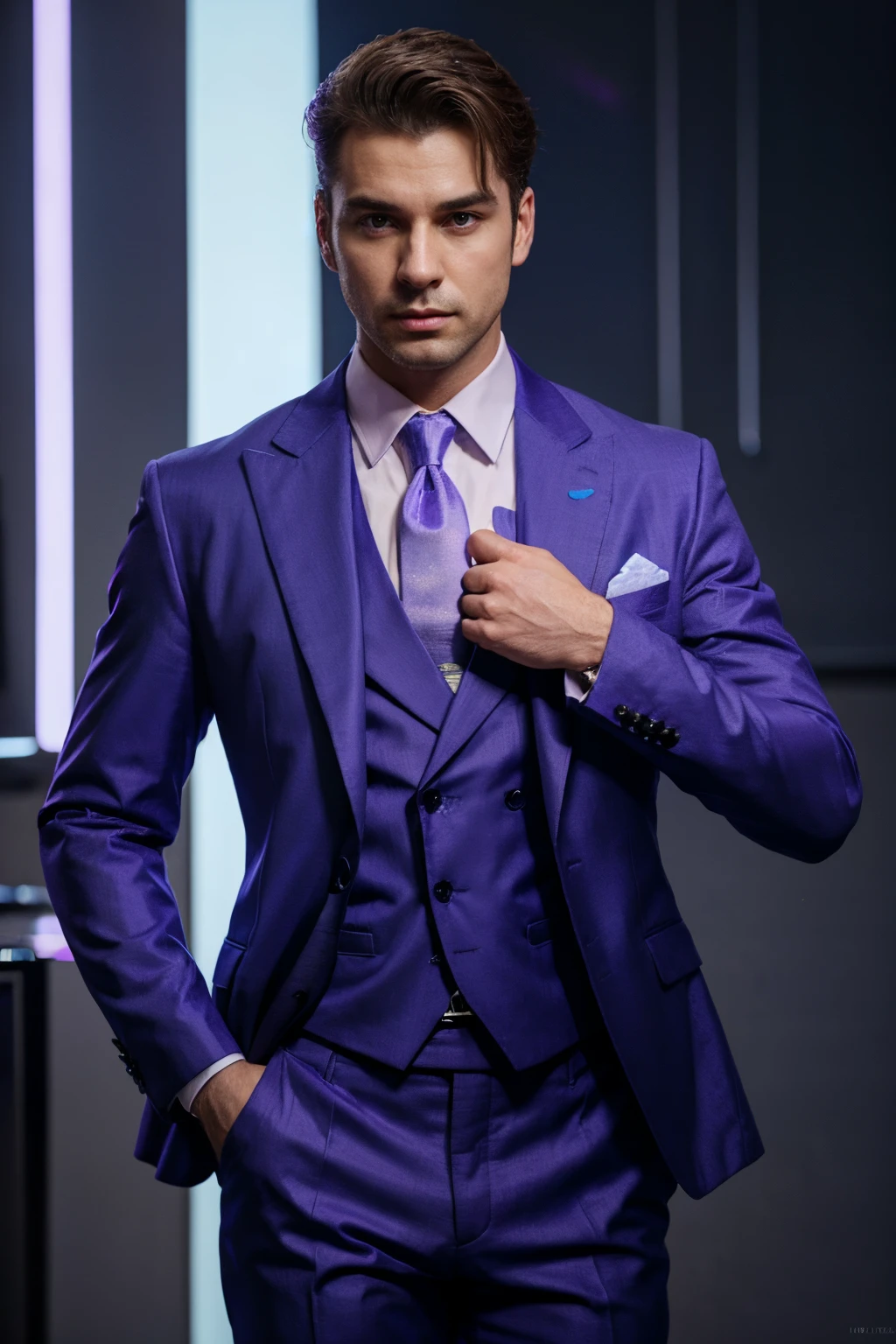 man in lilac suit, with blue neon colors in his clothes, ultra realistic, making gestures with his hands, no background