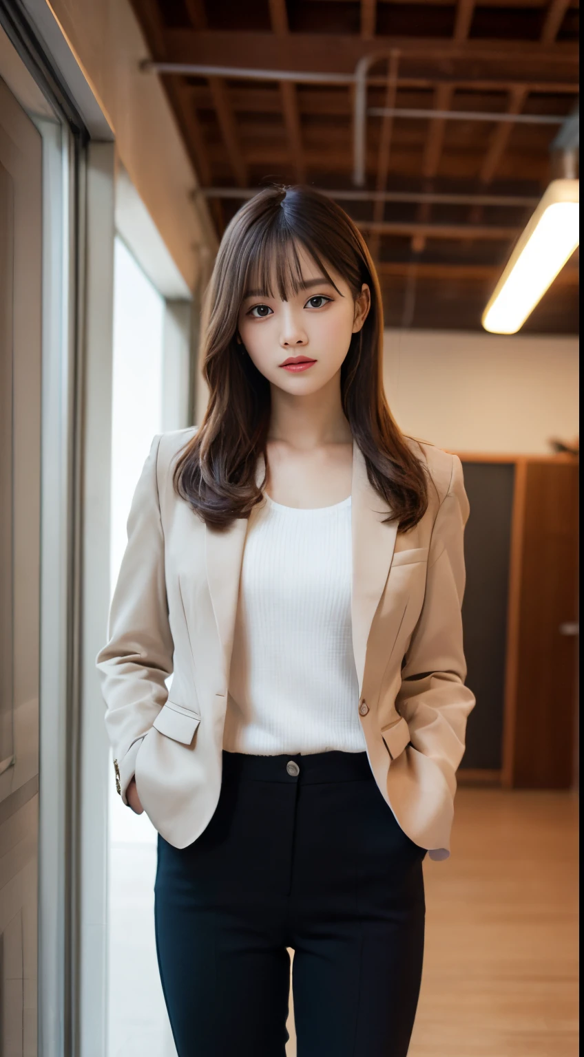 On a table, Best quality at best, lamplight, ultra - detailed, Detailed pubic hair, A high resolution, 8k wallpaper, Perfect dynamic composition, beautidful eyes, Natural lips,blazer jacket ,校服, Lop, Full body lesbian,Put your hands in your pockets