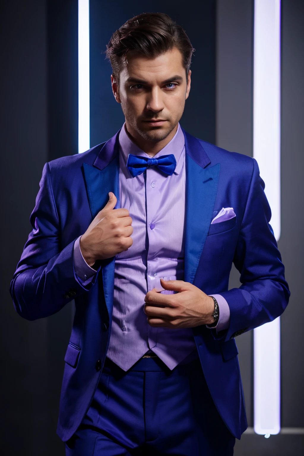 man in lilac suit, with blue neon colors in his clothes, ultra realistic, making gestures with his hands, no background