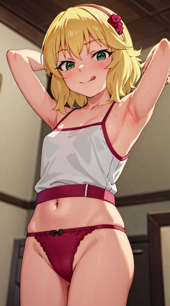 masterpiece, best quality, highres, Sakurai Momoka, 1girl, solo, busty, flat breasts, blond hair, bob hair., sport bra, short skirt, looking at viewer, full body, standing, simple background, (erotic pose:1.4), blush, flustered, (panties exposed:1.3), ((arms behind head, double armpits, standing)), Half body, upper body, In the middle, symmetrical, licking lips